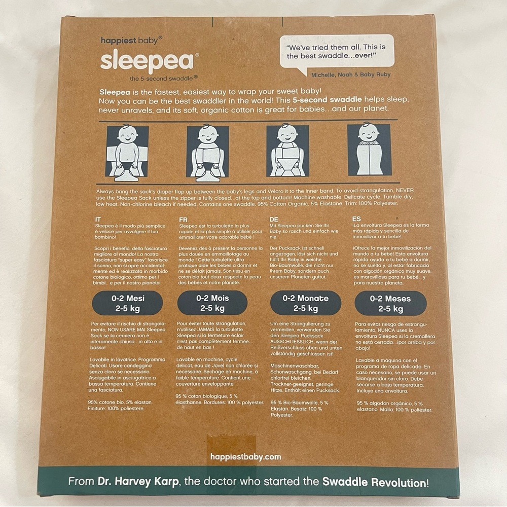 Happiest Baby Sleepea 5 Second Swaddle Organic Cotton New Unopened - Picture 2 of 6